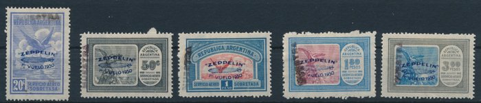 Argentina 1930 - Zeppelin - "Airship Graf Zeppelin, specialudgaver, blåt aftryk, komplet sæt - mit Aufdruck "Muestra" , Michel Nr. 337/41 "Muster"