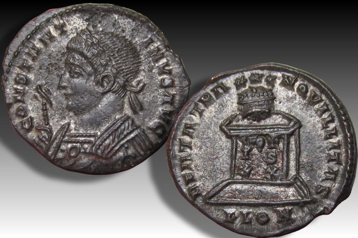 Romarriket Constantine I (AD 306-337) Follis Londinium (London) mint 320-321 AD - mintmark PLON - BEATA TRANQVILLITAS reverse -