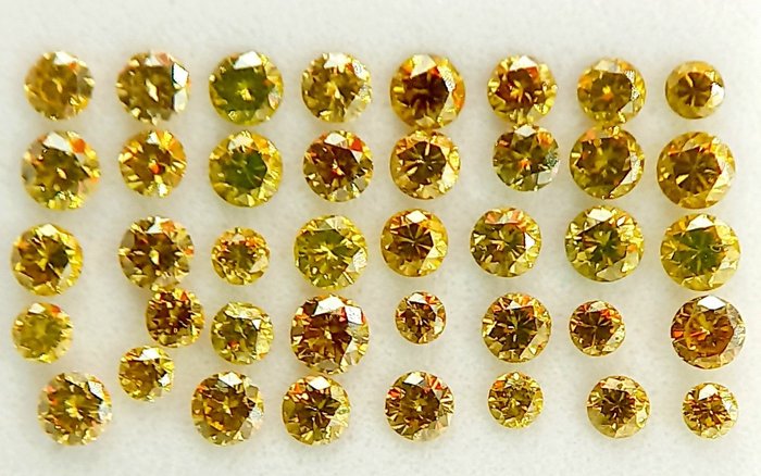 Ingen mindstepris - 40 pcs Diamant  (Farvebehandlet)  - 1.05 ct - Rund - Fancy, Fancy deep Grønlig, Orange nuance Blandet brun, Blandet gul - I1, VS1 - Antwerp Laboratory for Gemstone Testing (ALGT)