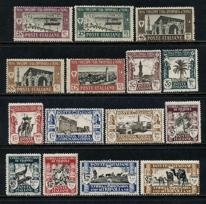 Italienske Libyen 1927/1929 - Første, anden og tredje Tripoli-messe. 15 intakte værdier - Sassone N. 66/70+72/76+81/85