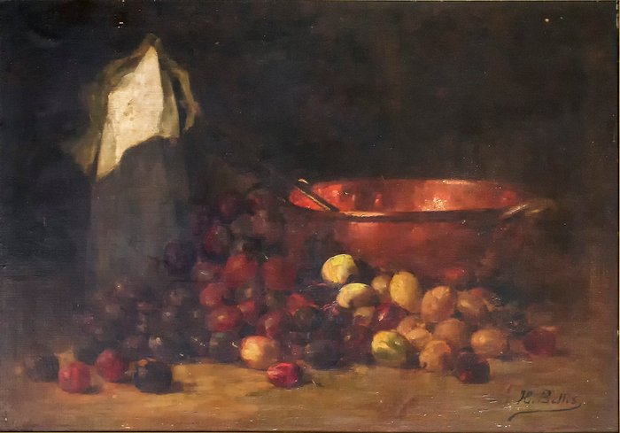 Hubert Bellis (1831-1902) - Nature morte aux fruits et plat cuivre