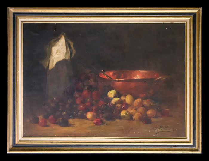 Hubert Bellis (1831-1902) - Nature morte aux fruits et plat cuivre