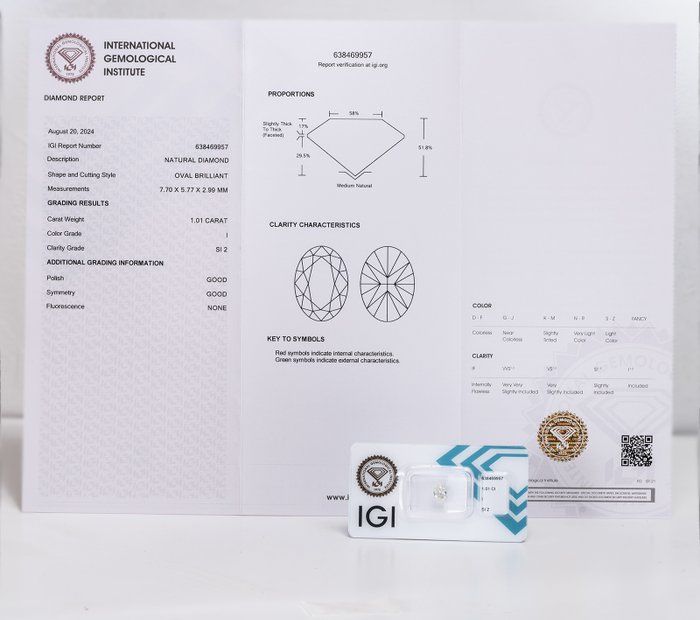 1 pcs Diamant  (Natur)  - 101 ct - Oval - I - SI2 - International Gemological Institute (IGI)