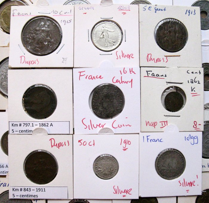 Frankrig. Extensive collection of 270+ various coins 16th century-2000 including 5 Francs 1870 and other silver coins  (Ingen mindstepris)