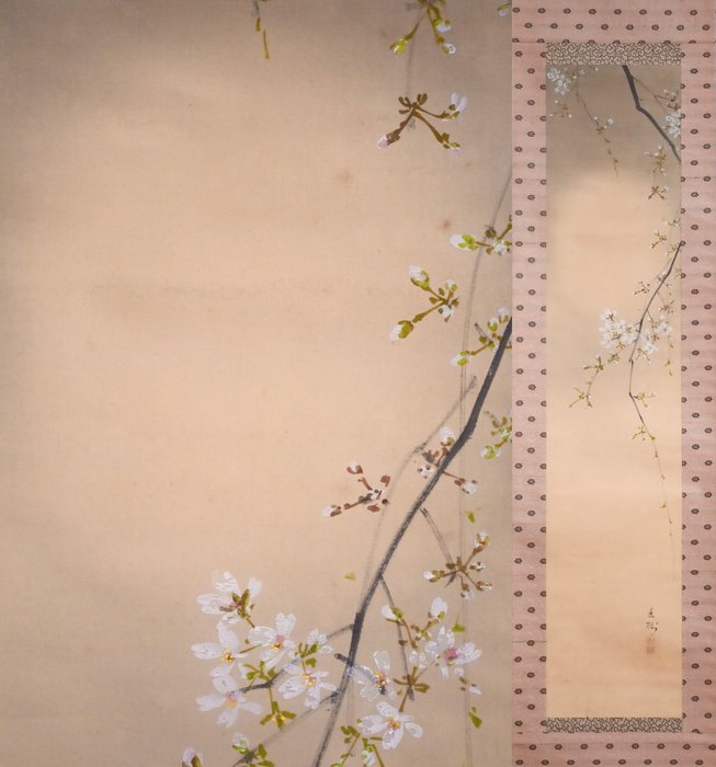 Moonlit Night - Spring evening - Hazy Moon and Cherry Blossoms - Small Hanging Scroll - with - “Imai Keiju 今井景樹（1891-1967）” - Japan  (Ingen mindstepris)