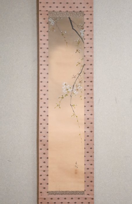 Moonlit Night - Spring evening - Hazy Moon and Cherry Blossoms - Small Hanging Scroll - with - “Imai Keiju 今井景樹（1891-1967）” - Japan  (Ingen mindstepris)