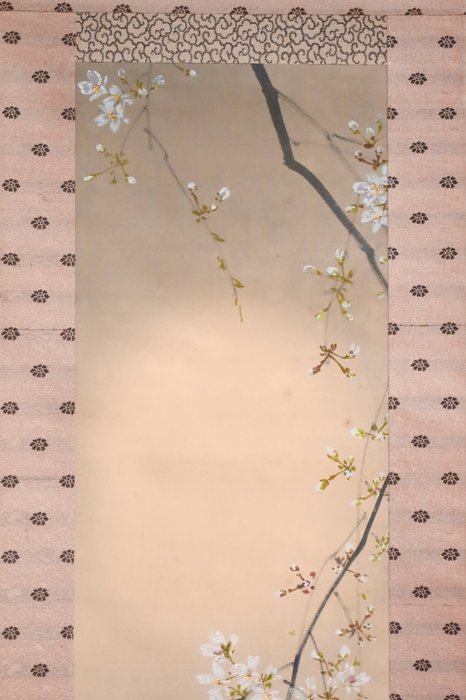 Moonlit Night - Spring evening - Hazy Moon and Cherry Blossoms - Small Hanging Scroll - with - “Imai Keiju 今井景樹（1891-1967）” - Japan  (Ingen mindstepris)