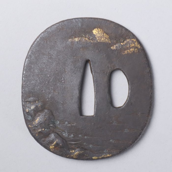 Fiskelandskab Guld Indlæg Sword Guard 98g med trækasse - Japan - Edo-perioden (1600-1868)