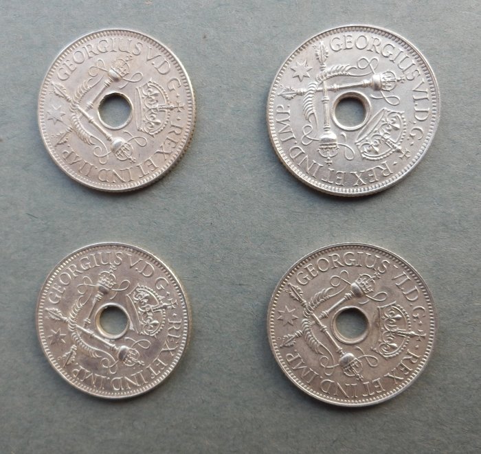 Ny Guinea (Britisk Territorium). A Lot of 4x Silver Shillings, all different dates 1935, 1936, 1938, 1945  (Ingen mindstepris)