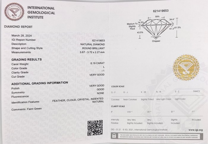 Ingen mindstepris - 1 pcs Diamant  (Natur)  - 0.19 ct - Rund - L - I1 - International Gemological Institute (IGI)