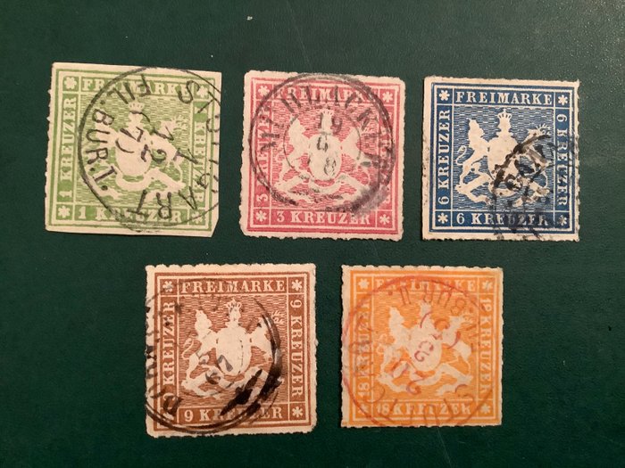 Württemberg 1865 - Fuld emission med gult 18 Kreuzer stempel - Michel 30/34