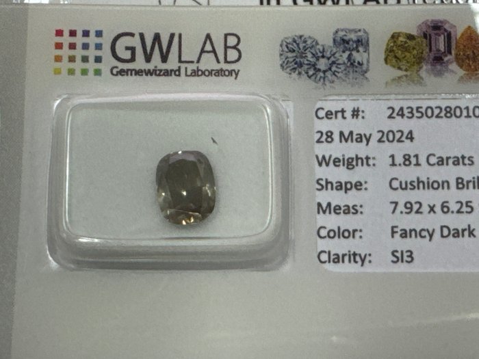 1 pcs Diamant  (Naturfarvet)  - 181 ct - Pude - Fancy dark Grå - SI3 - Gemewizard Gemological Laboratory (GWLab) - Fancy mørkegrå