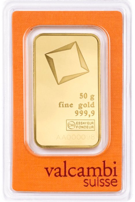 50 gram - Guld 999 - Valcambi, Switzerland - Forseglet  Med certifikat