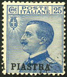 Levanten (italienske postkontorer fra 1874 til 1923) 1909 - Konstantinopel 1 plade med overtrykket stærkt forskudt til venstre - Sassone N 11cbb