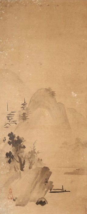 Very fine Unkoku school set of six sumi-e paintings - including tomobako - Unkoku school - Japan - Edo-perioden (1600-1868)