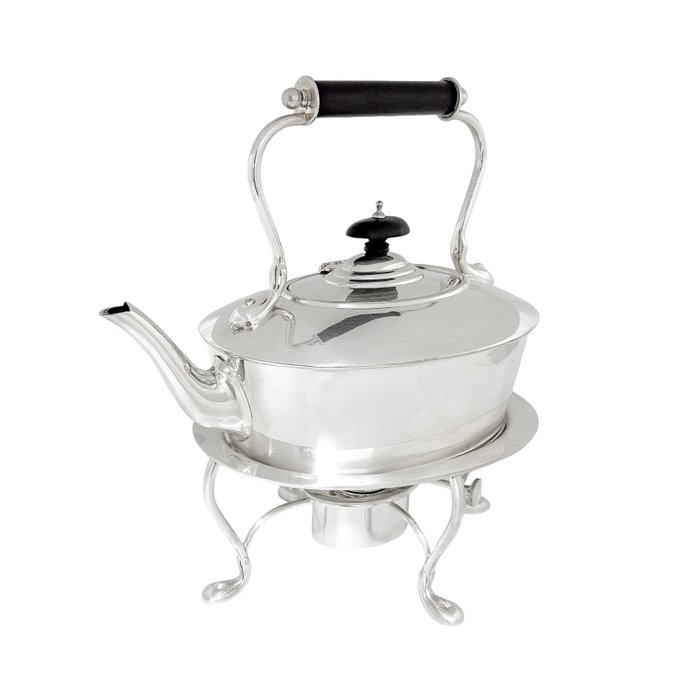 Victorian 1.5L large oval spirit kettle with four-leg stand and burner - John Bagshaw  Sons - Kedel på stativ og brænder (3) - Forsølvet, Træ