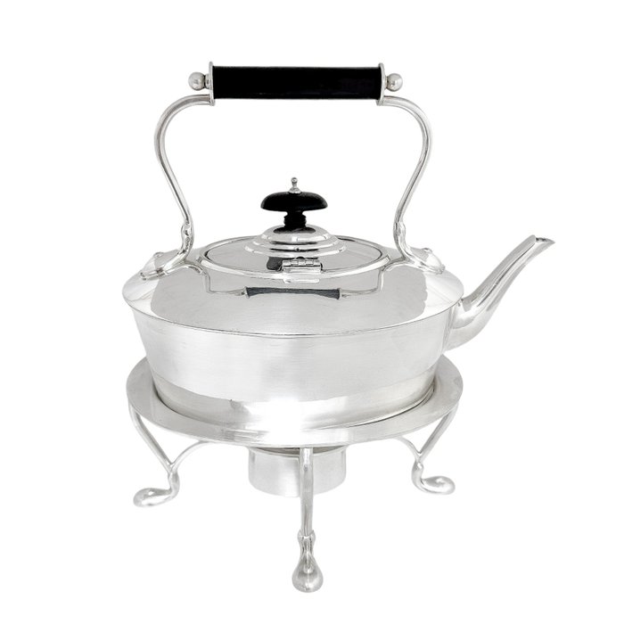 Victorian 1.5L large oval spirit kettle with four-leg stand and burner - John Bagshaw  Sons - Kedel på stativ og brænder (3) - Forsølvet, Træ