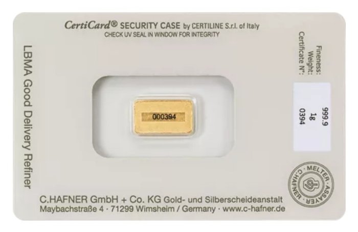 1 gram - Guld 999 - C. Hafner - Deutschland - Goldbarren im Blister CertiCard mit Zertifikat - Forseglet  Med certifikat  (Ingen mindstepris)