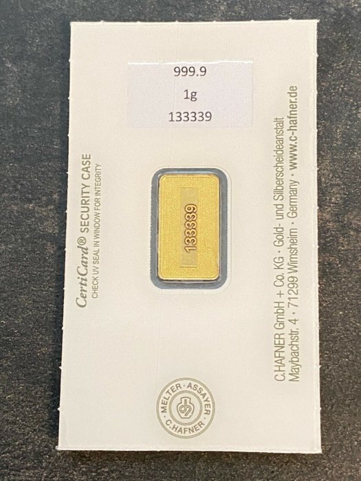 1 gram - Guld 999 - C. Hafner - Deutschland - Goldbarren im Blister CertiCard mit Zertifikat - Forseglet  Med certifikat  (Ingen mindstepris)