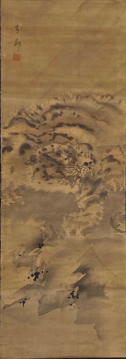 A pair of lifelike tigers - With signature and seal Ganku 岸駒 - Japan - Midten af Edo-perioden