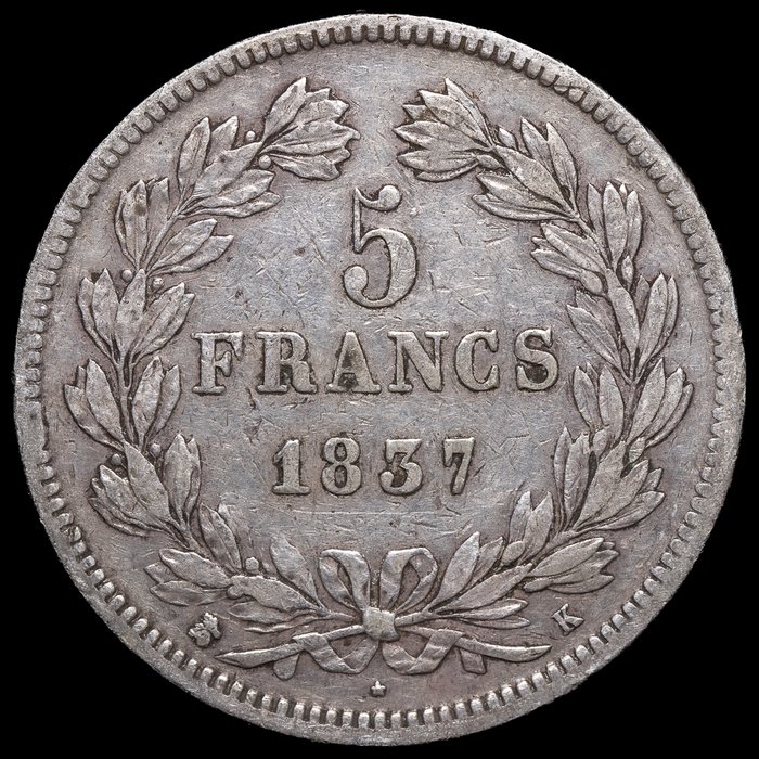 Frankrig. Ludvig-Filip 1. (1830-1848). 5 Francs 1837-K, Bordeaux  (Ingen mindstepris)