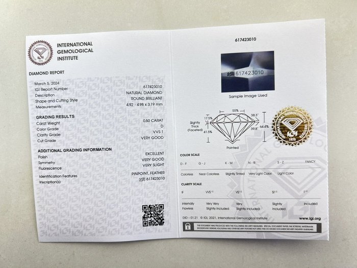 1 pcs Diamant  (Natur)  - 050 ct - Rund - D (farveløs) - VVS1 - International Gemological Institute (IGI)