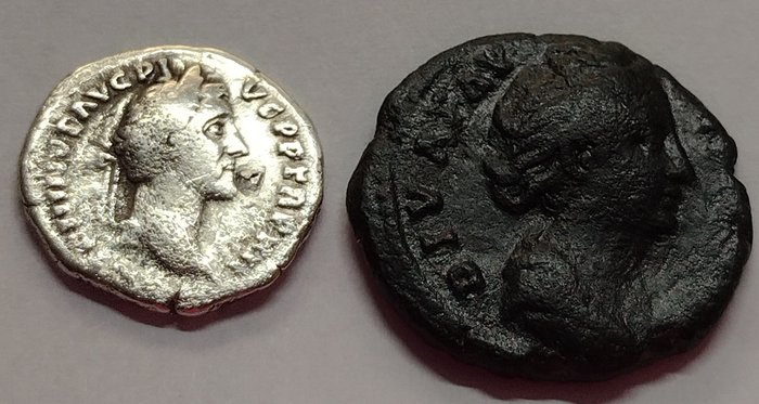 Romarriket Antoninus Pius (138-161 Denarius + Asse Faustina 138-161  (Ingen mindstepris)