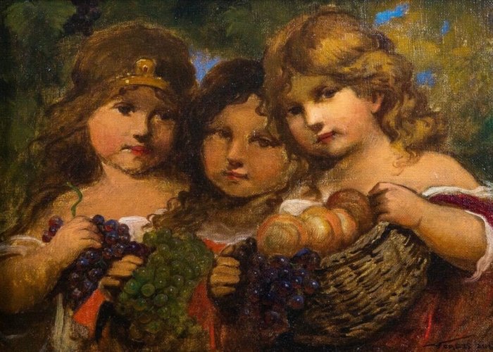 Veress Zoltan (1868-1935) - Three little girls with fruit baskets