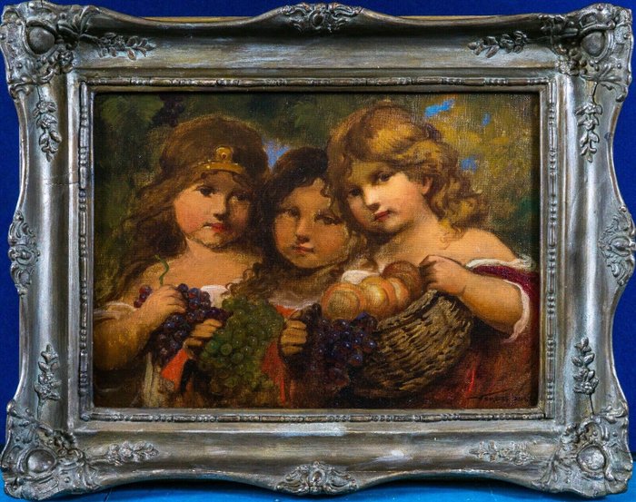 Veress Zoltan (1868-1935) - Three little girls with fruit baskets