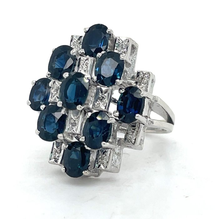 Ring - 18 kraat Hvidguld Safir - Diamant