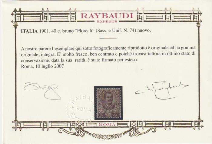 Italien Kongerige 1901 - Sassone 74 - Euro 8.250 - VEIII Floreale 40c ottima centratura, certificato oro