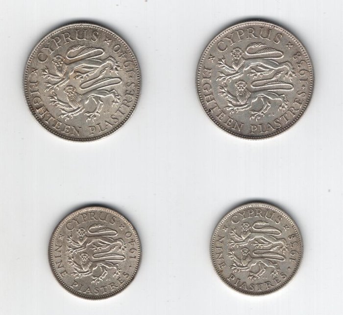 Cypern. Georg 5. af Storbritannien (1910-1936). A Lot of 4x Silver Cypriot Coins, 18 Piastres  9 Piastres 1938, 1940  (Ingen mindstepris)