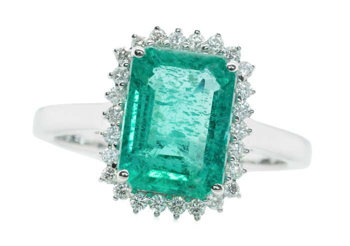 Ingen mindstepris - Ring - 18 kraat Hvidguld, Intens Green (Zambia) -  3.21ct. tw. Smaragd - Diamant - 0,29 ct - SI