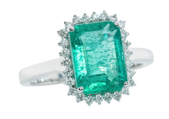 Ingen mindstepris - Ring - 18 kraat Hvidguld, Intens Green (Zambia) -  3.21ct. tw. Smaragd - Diamant - 0,29 ct - SI