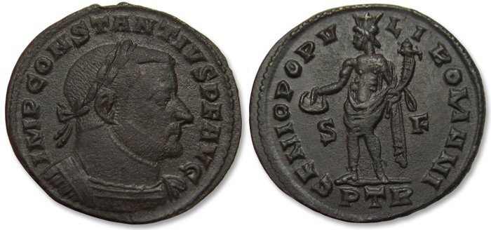 Romarriket Constantius I Chlorus as Caesar Follis Treveri (Trier) mint 305-306 AD - PTR letters S-F in fields - large 27 mm coin