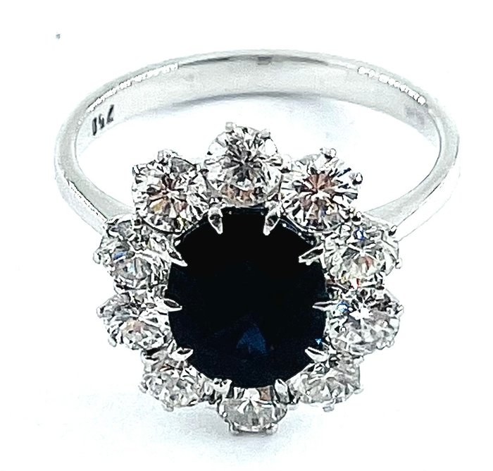 Ring - 18 kraat Hvidguld Safir - Diamant