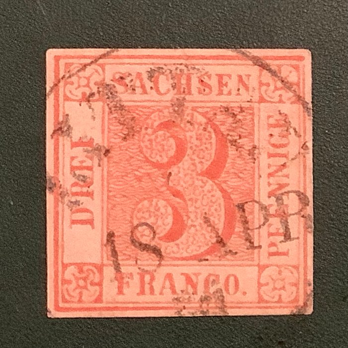 Sachsen 1850/1852 - Sachsen Dreier - fotocertifikat Vaatz BPP og Raybaudi - Michel 1a