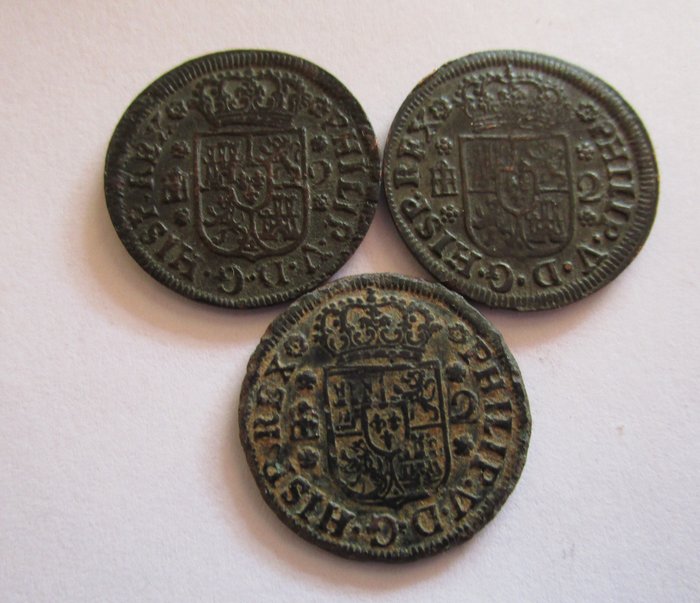 Spanien Felipe V (1700-1746) 2 Maravedís Segovia 1744 - 1745 - 1746 (3 monedas)  (Ingen mindstepris)