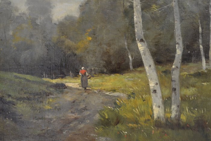 Eugène Galien - Laloue (pseudonyme: Ch. Valentin), Attributed to - "Woman with basket on a forest path"