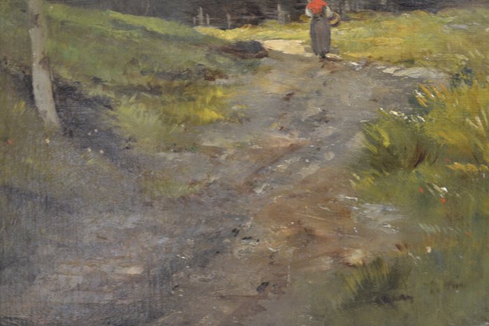 Eugène Galien - Laloue (pseudonyme: Ch. Valentin), Attributed to - "Woman with basket on a forest path"