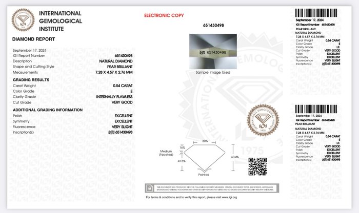 Ingen mindstepris - 1 pcs Diamant  (Natur)  - 0.54 ct - Pære - E - IF - International Gemological Institute (IGI) - *2EX VSL*