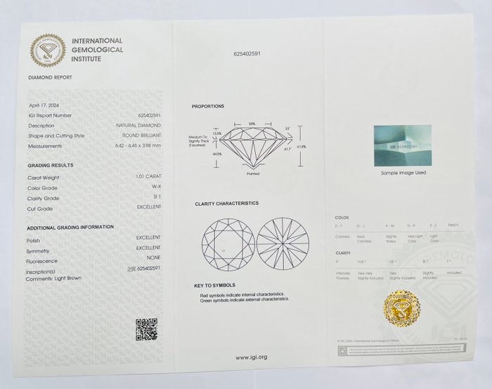 1 pcs Diamant  (Natur)  - 101 ct - Rund - SI1 - International Gemological Institute (IGI) - W-X farve