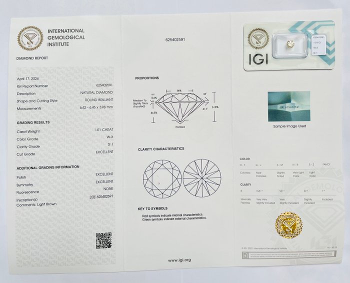 1 pcs Diamant  (Natur)  - 101 ct - Rund - SI1 - International Gemological Institute (IGI) - W-X farve