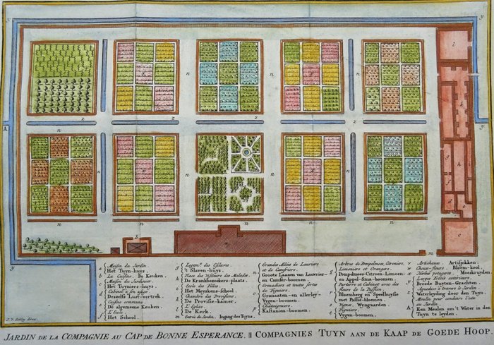 Afrika - Sydafrika / Cape Town, haver tilhørende det hollandske østindiske kompagni (VOC); Bellin / Van der Schley - Jardin de la Compagnie au Cap de Bonne Esperance / Compagnies Tuyn aan de Kaap de Goede Hoop - 1721-1750