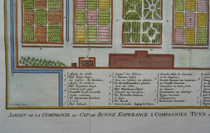 Afrika - Sydafrika / Cape Town, haver tilhørende det hollandske østindiske kompagni (VOC); Bellin / Van der Schley - Jardin de la Compagnie au Cap de Bonne Esperance / Compagnies Tuyn aan de Kaap de Goede Hoop - 1721-1750