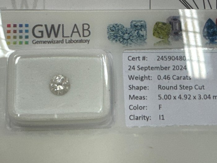 Ingen mindstepris - 1 pcs Diamant  (Natur)  - 0.46 ct - Rund - F - I1 - Gemewizard Gemological Laboratory (GWLab)