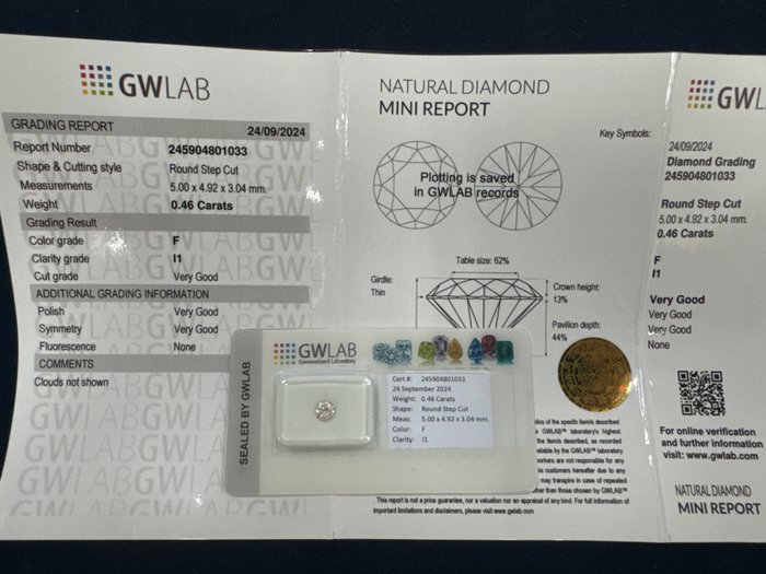 Ingen mindstepris - 1 pcs Diamant  (Natur)  - 0.46 ct - Rund - F - I1 - Gemewizard Gemological Laboratory (GWLab)