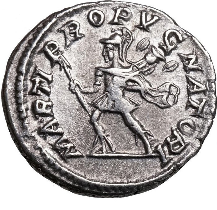 Romarriket Caracalla (AD 198-217) Denarius Rom MARS mit Trophäe und Lanze