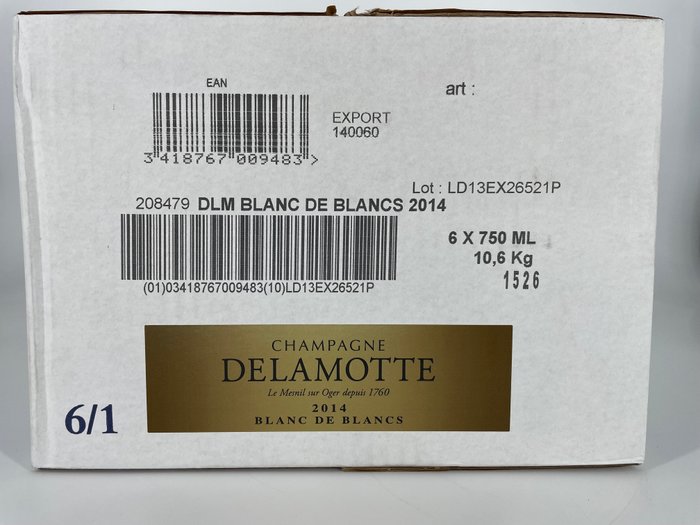 2014 Champagne Delamotte Blanc de Blancs Vintage Brut - Champagne - 6 Flasker (0,75 L)