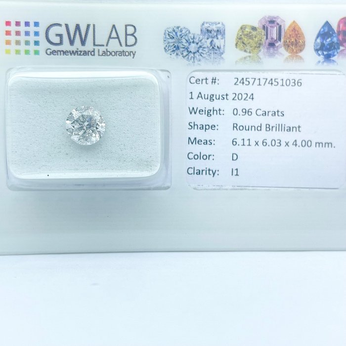 Ingen mindstepris - 1 pcs Diamant  (Natur)  - 0.96 ct - Rund - D (farveløs) - I1 - Gemewizard Gemological Laboratory (GWLab)